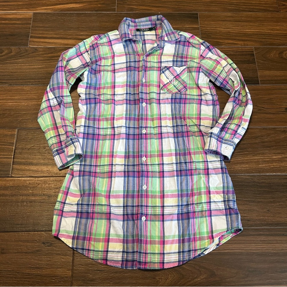 Lauren Ralph Lauren Plaid Long Sleeve Shirt Embroidered Logo Pink Green XS